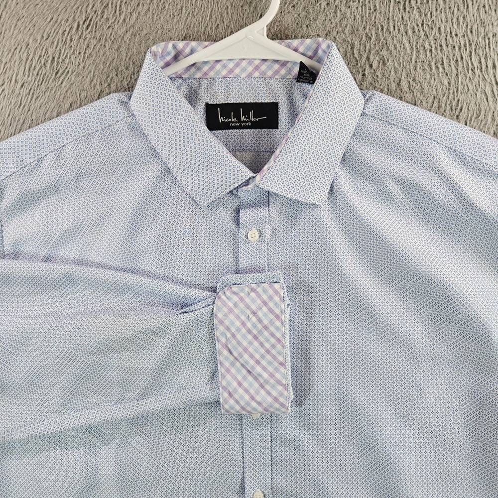 Nicole Miller New York Mens XL Blue White Geometric Print Dress Shirt L/S